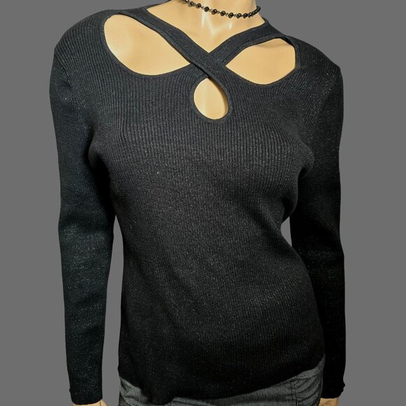 DKNY Black Ribbed Sweater With Cutouts Size XL Cotton Lurex Fitted Long Sleeve - Picture 1 of 12